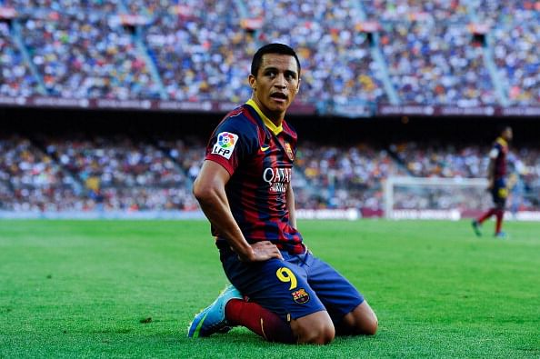 Alexis Sanchez of FC Barcelona looks on during the La Liga match between FC Barcelona and Levante UD at Camp Nou